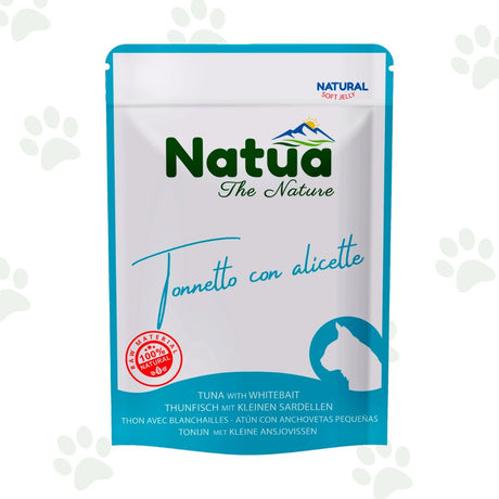 Bustina di cibo umido per gatti Natua con tonnetto e alicette.