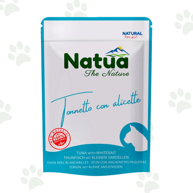 Bustina di cibo umido per gatti Natua con tonnetto e alicette.