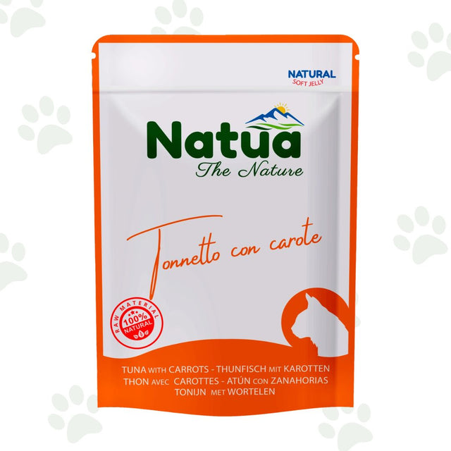 Bustina di cibo umido per gatti Natua con tonnetto e carote.