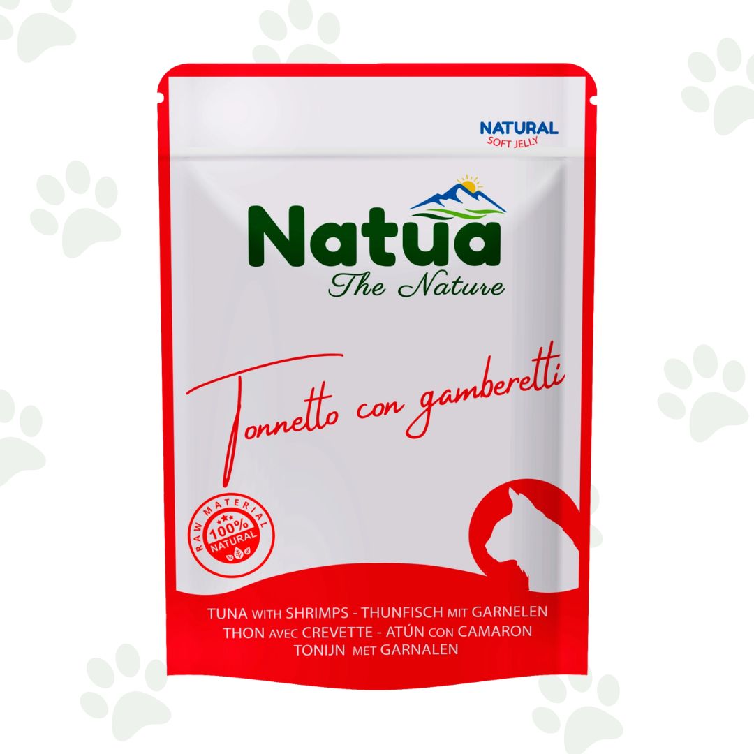 Bustina di cibo umido per gatti Natua con tonnetto e gamberetti.