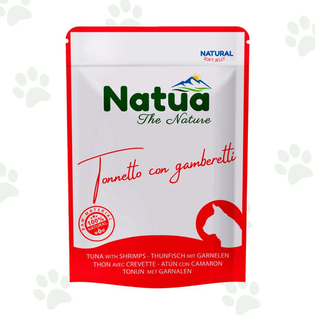 Bustina di cibo umido per gatti Natua con tonnetto e gamberetti.