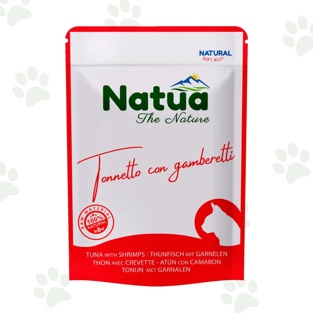Bustina di cibo umido per gatti Natua con tonnetto e gamberetti.