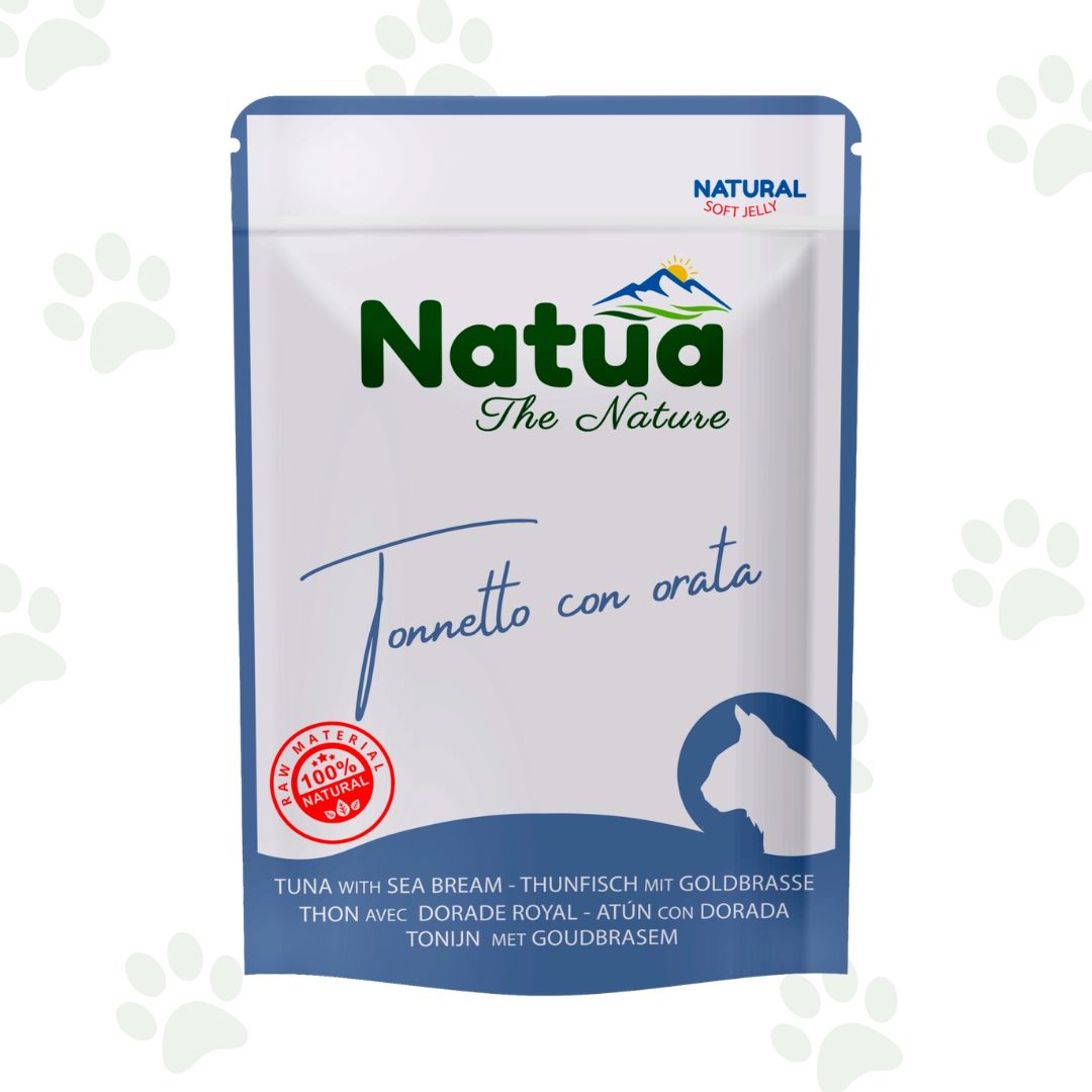 Bustina di cibo umido per gatti Natua con tonnetto e orata.