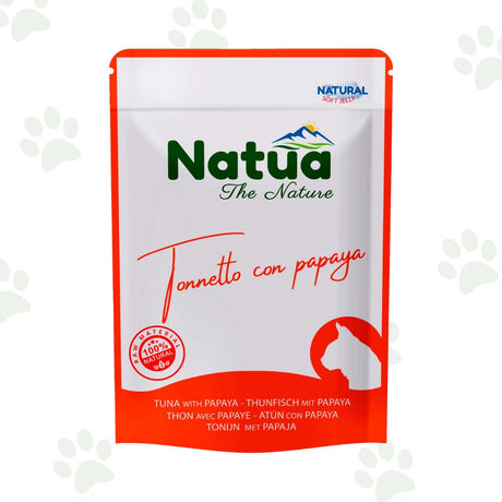Bustina di cibo umido per gatti Natua con tonnetto e papaya.