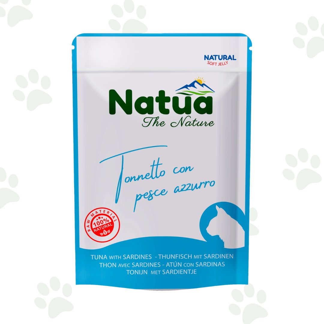 Bustina di cibo umido per gatti Natua con tonnetto e pesce azzurro.