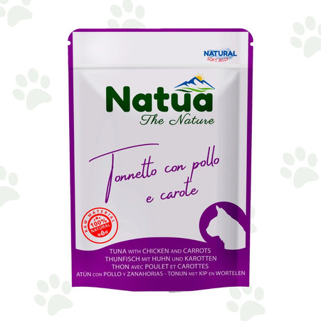 Bustina di cibo umido per gatti Natua con tonnetto, pollo e carote.