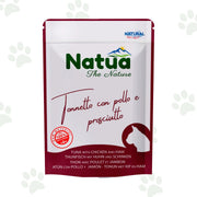 Bustina di cibo umido per gatti Natua con tonnetto, pollo e prosciutto.