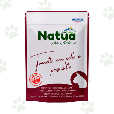 Bustina di cibo umido per gatti Natua con tonnetto, pollo e prosciutto.