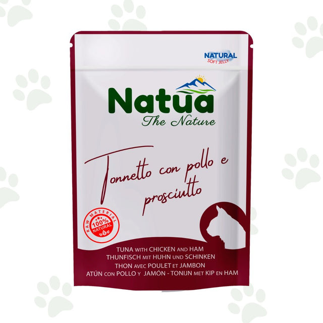 Bustina di cibo umido per gatti Natua con tonnetto, pollo e prosciutto.