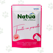 Bustina di cibo umido per gatti Natua con tonnetto e prosciutto.