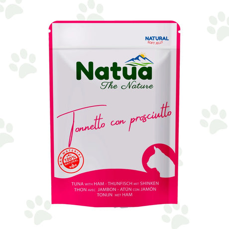 Bustina di cibo umido per gatti Natua con tonnetto e prosciutto.