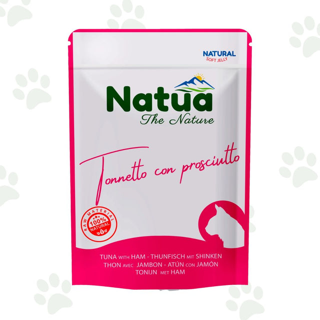 Bustina di cibo umido per gatti Natua con tonnetto e prosciutto.