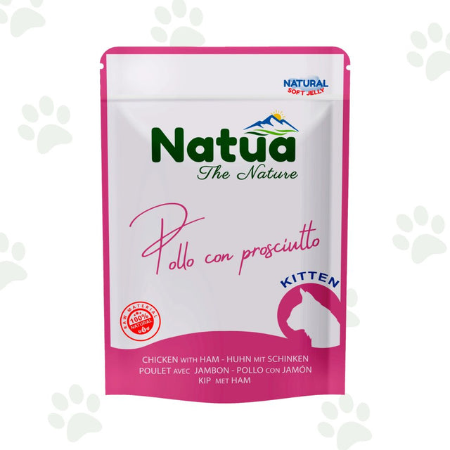 Bustina di cibo umido per gattini Natua con pollo e prosciutto.