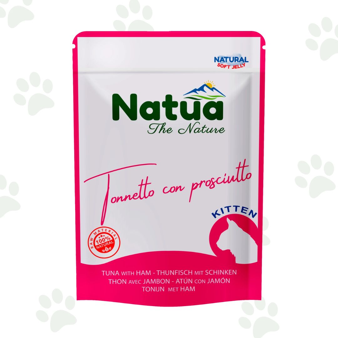 Bustina di cibo umido per gattini Natua con tonnetto e prosciutto.