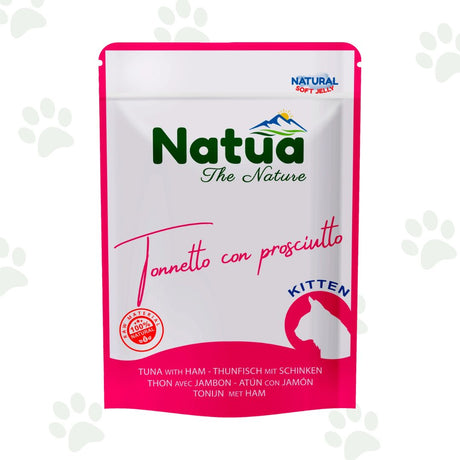 Bustina di cibo umido per gattini Natua con tonnetto e prosciutto.