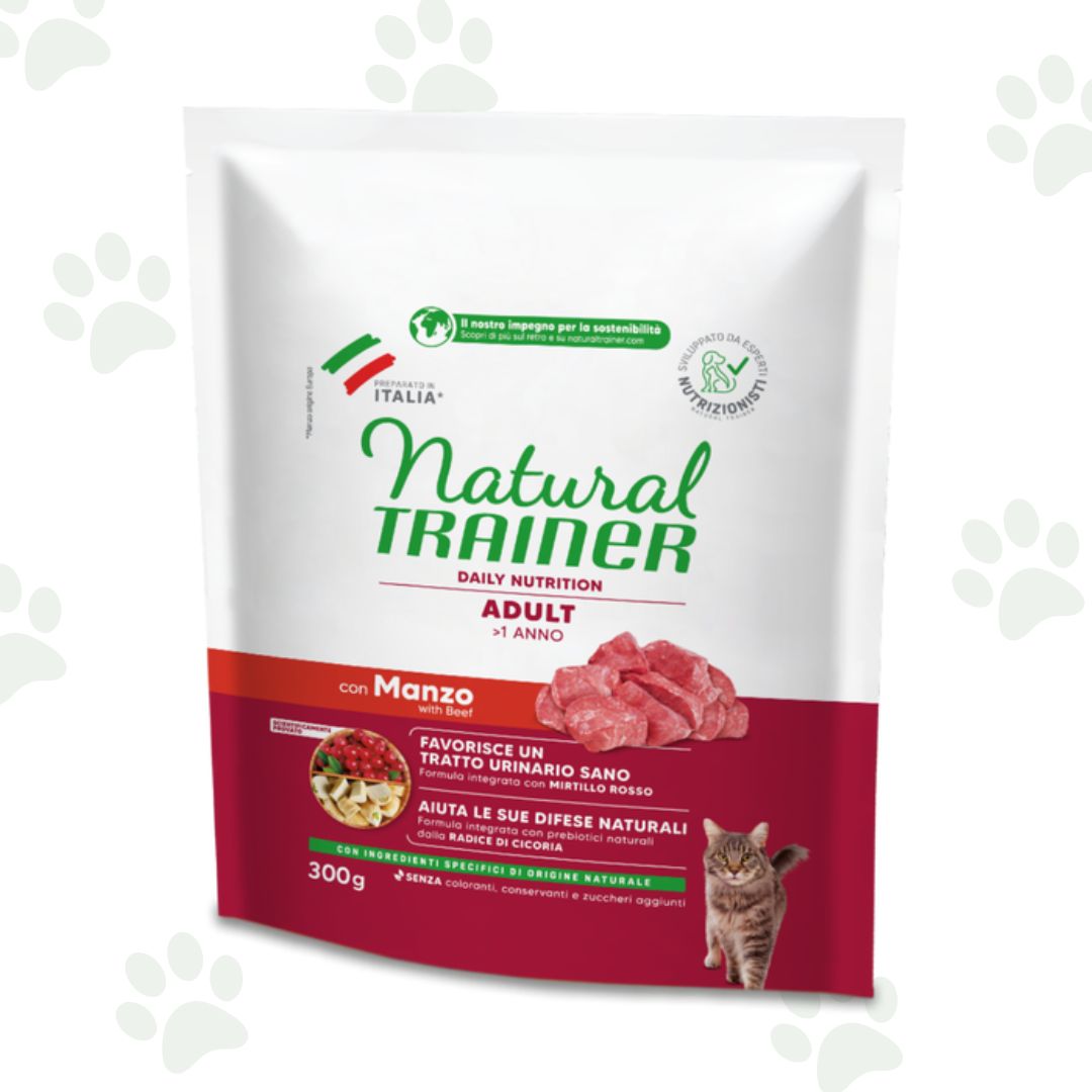 Confezione Natural Trainer adult con manzo 300 g, alimento secco per gatti.