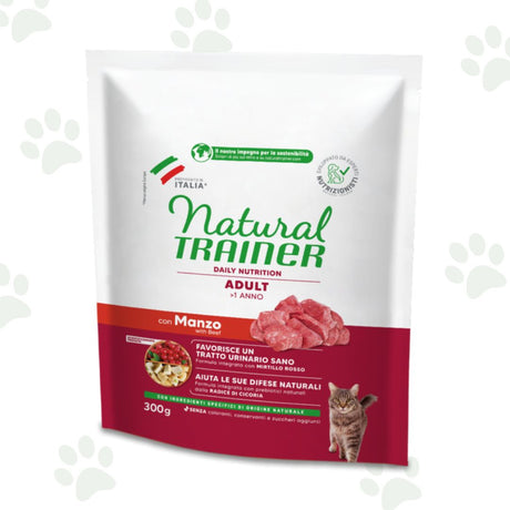 Confezione Natural Trainer adult con manzo 300 g, alimento secco per gatti.