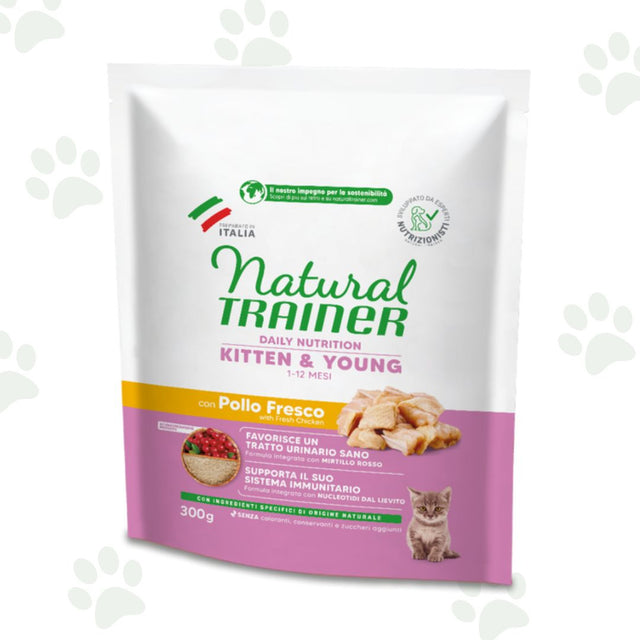 Natural Trainer Kitten & Young con pollo fresco 300 g, alimento secco completo per gattini 1-12 mesi.