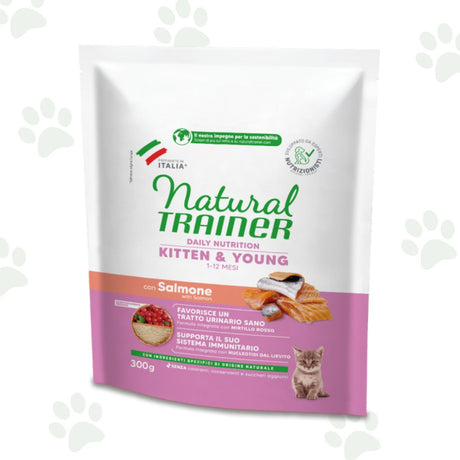 Natural Trainer Kitten & Young con salmone 300 g, alimento secco completo per gattini 1-12 mesi.