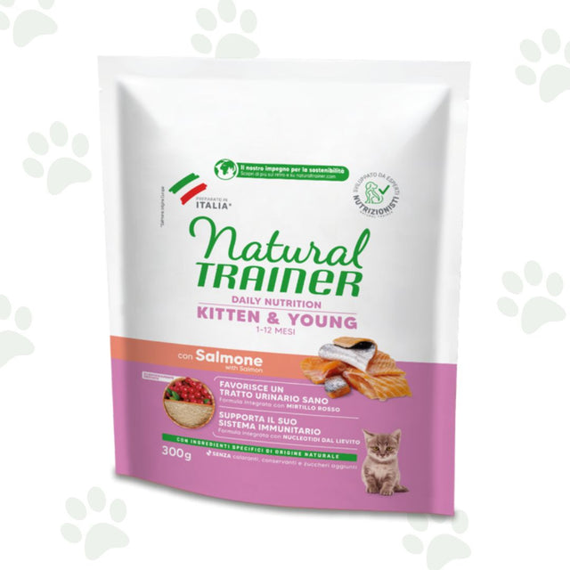 Natural Trainer Kitten & Young con salmone 300 g, alimento secco completo per gattini 1-12 mesi.