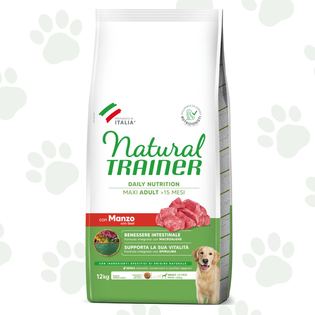Confezione da 12 kg di cibo secco per cane adulto di taglia grande Natural Trainer con manzo.