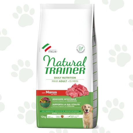Confezione da 12 kg di cibo secco per cane adulto di taglia grande Natural Trainer con manzo.