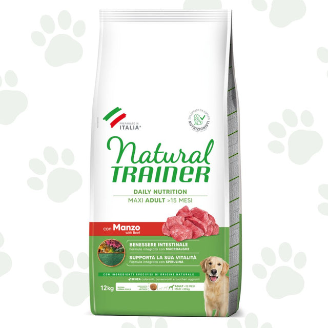 Confezione da 12 kg di cibo secco per cane adulto di taglia grande Natural Trainer con manzo.