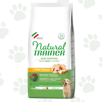 Confezione da 12 kg di cibo secco per cane adulto di taglia grande Natural Trainer con pollo.