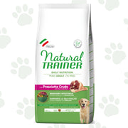 Confezione da 12 kg di cibo secco per cane adulto di taglia grande Natural Trainer con prosciutto crudo.