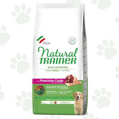Confezione da 12 kg di cibo secco per cane adulto di taglia grande Natural Trainer con prosciutto crudo.