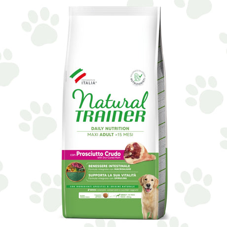 Confezione da 12 kg di cibo secco per cane adulto di taglia grande Natural Trainer con prosciutto crudo.