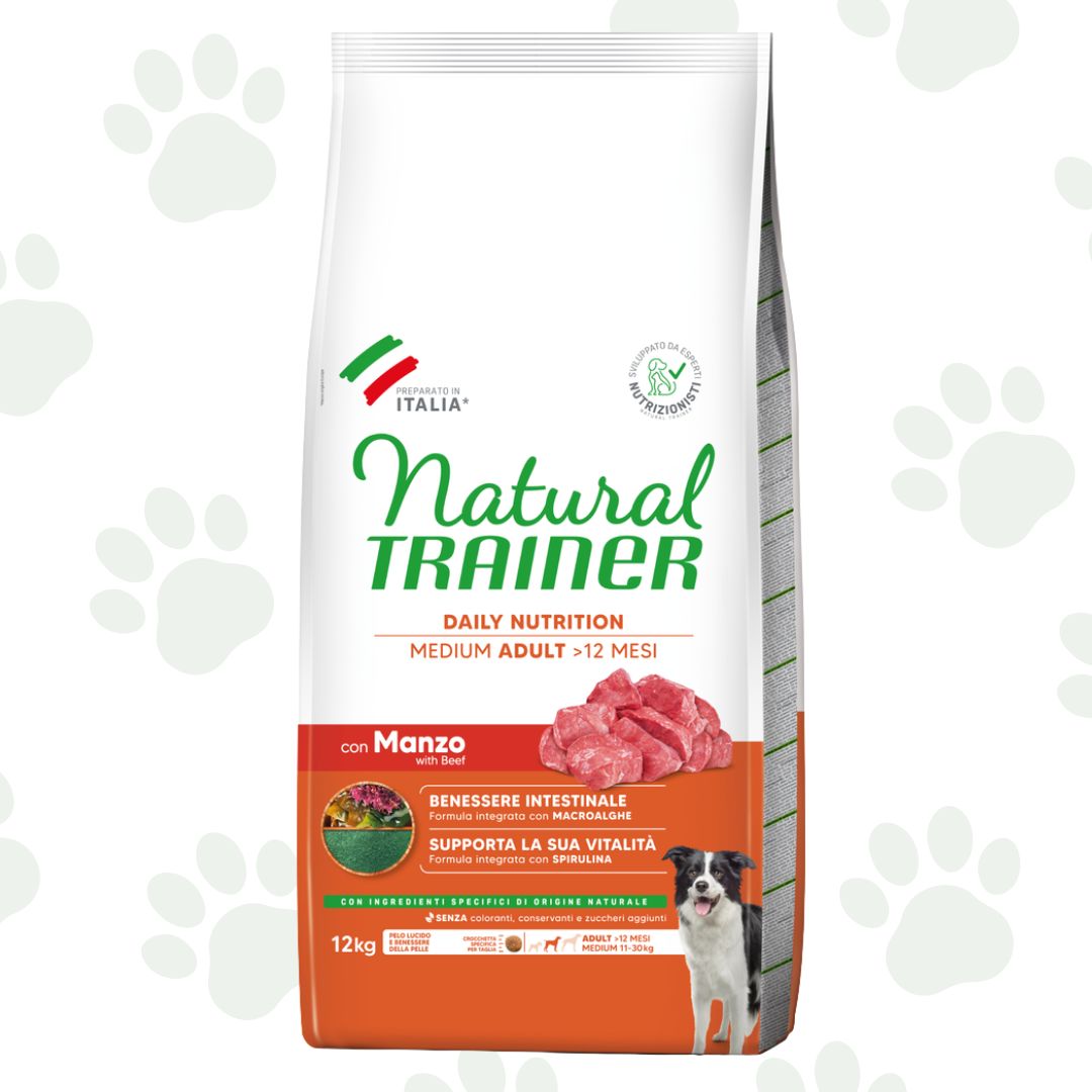 Confezione da 12 kg di cibo per cani adulti di taglia media Natural Trainer con manzo.