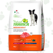 Confezione da 3 kg di cibo per cani adulti di taglia media Natural Trainer con manzo.