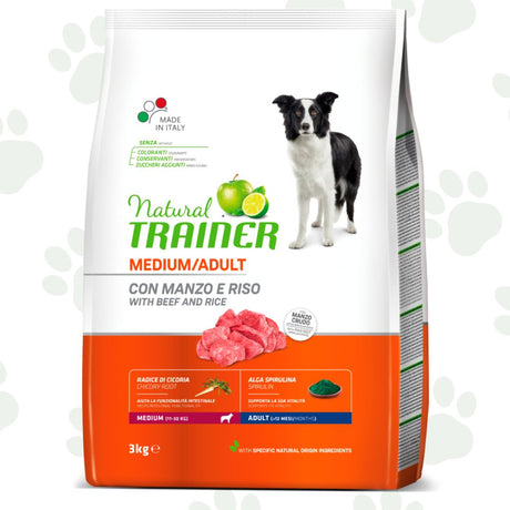 Confezione da 3 kg di cibo per cani adulti di taglia media Natural Trainer con manzo.