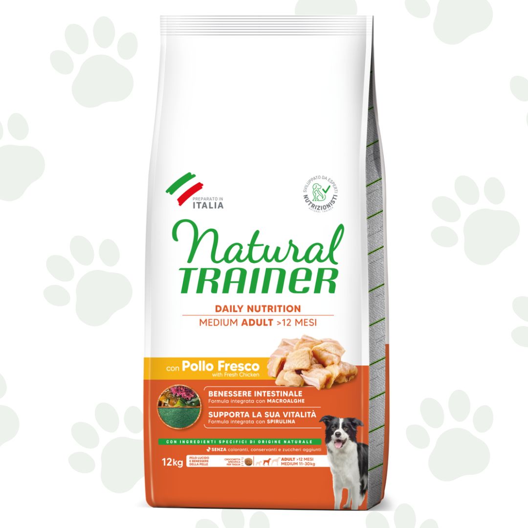 Confezione da 12 kg di cibo per cani adulti di taglia media Natural Trainer con pollo.