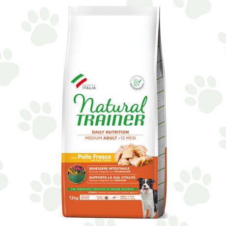 Confezione da 12 kg di cibo per cani adulti di taglia media Natural Trainer con pollo.