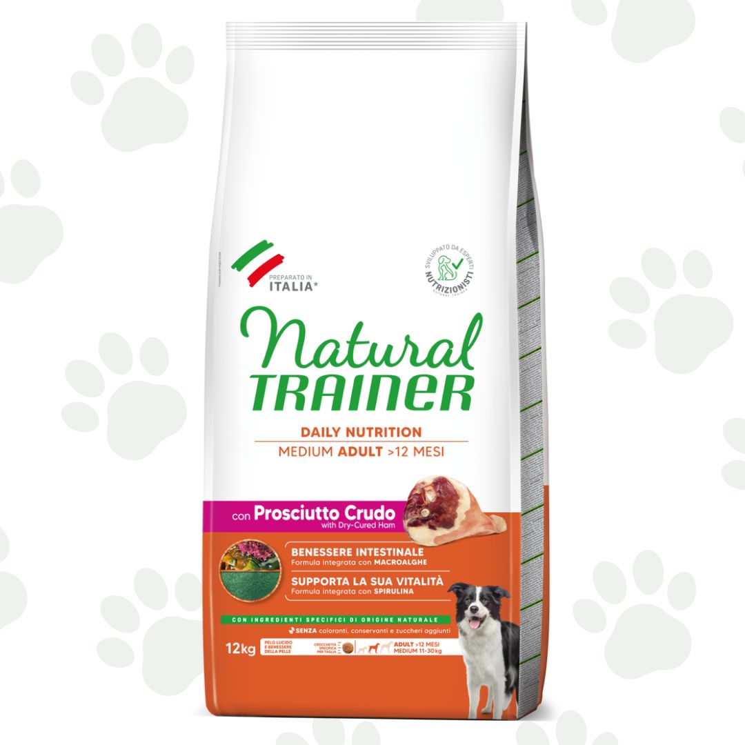 Confezione da 12 kg di cibo per cani adulti di taglia media Natural Trainer con prosciutto crudo.