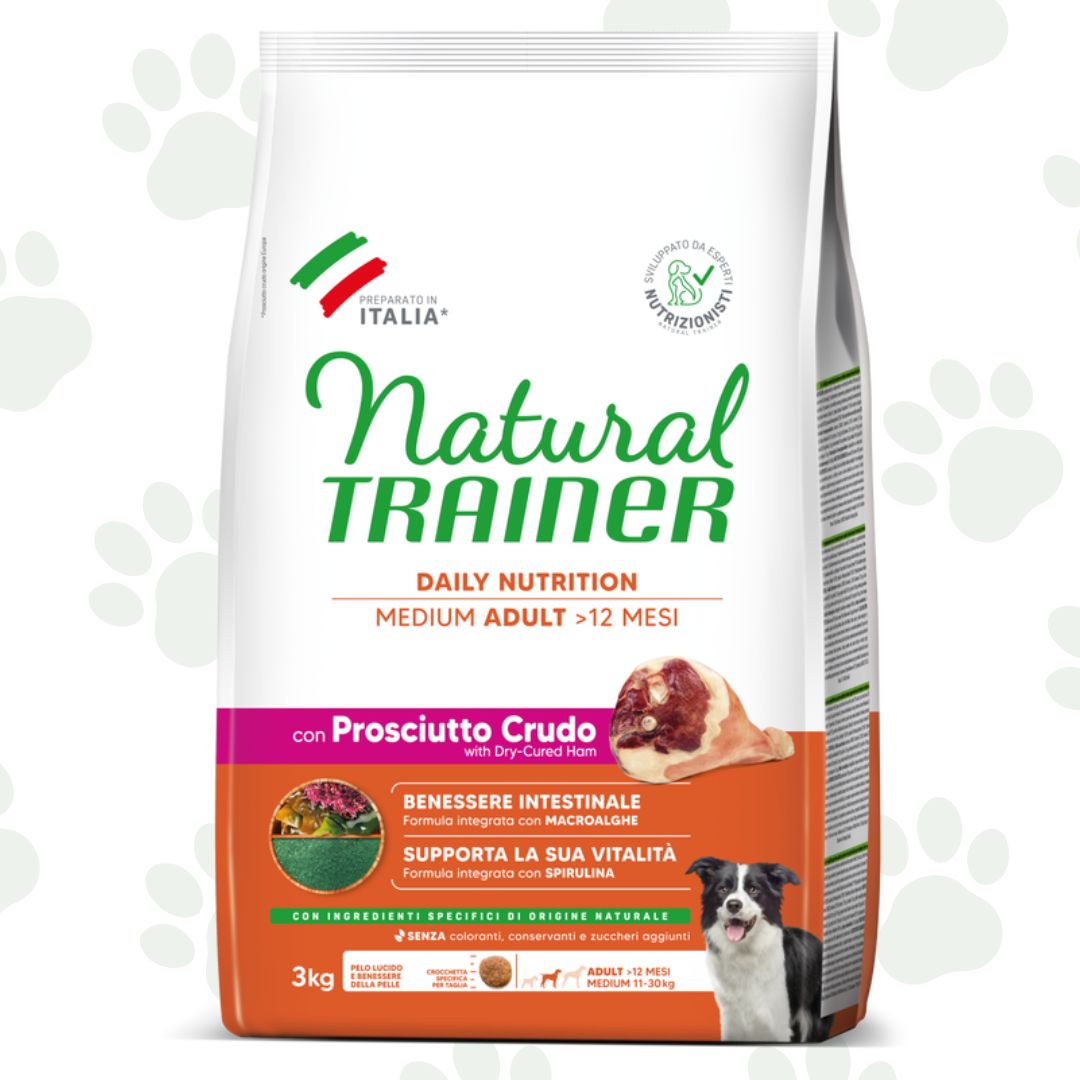 Confezione da 3 kg di cibo per cani adulti di taglia media Natural Trainer con prosciutto crudo.