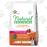 Confezione da 3 kg di cibo per cani adulti di taglia media Natural Trainer con prosciutto crudo.