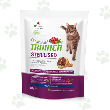 Confezione Natural Trainer sterilised adult con prosciutto crudo 300 g, alimento secco per gatti.