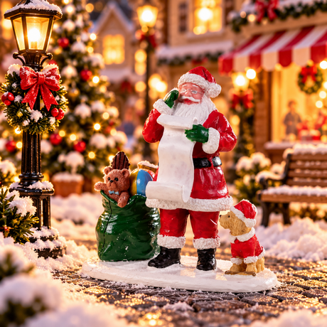 Babbo Natale che controlla la lista dei regali accanto a un sacco verde pieno di giocattoli e a un cagnolino ambientato in un villaggio natalizio Lemax.