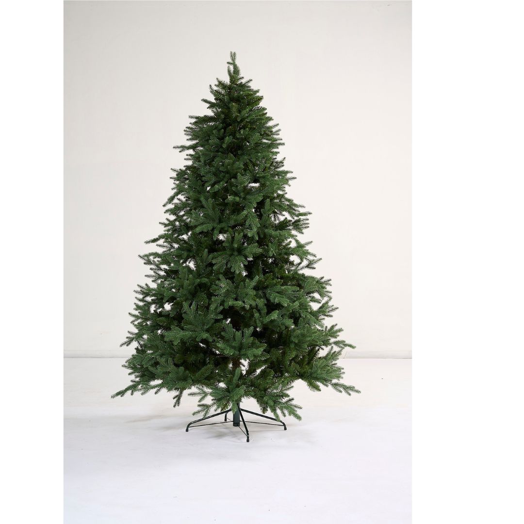 Albero di Natale con apertura ad ombrello in PE e PVC per un effetto realistico, alto 240 cm con base in metallo.