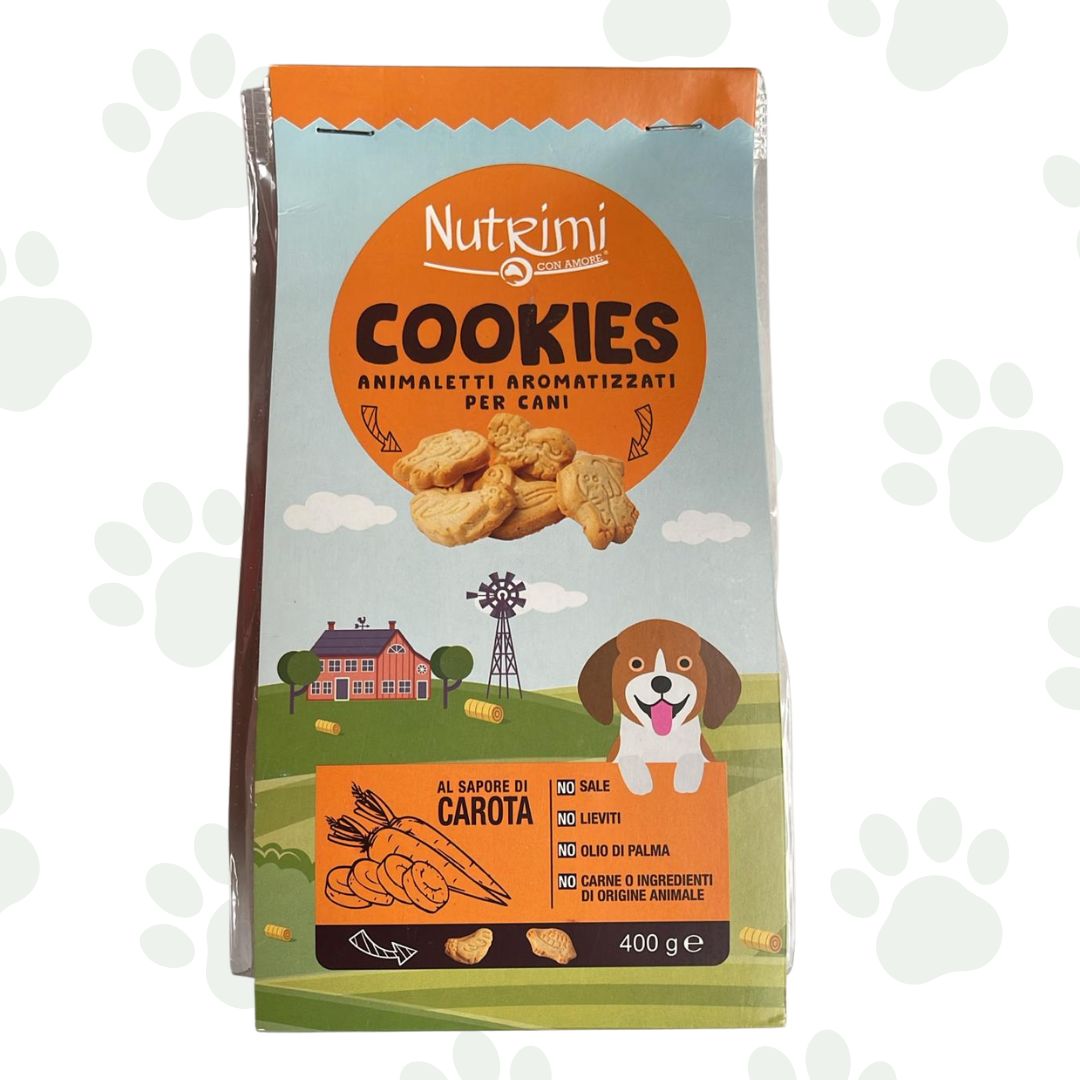 Confezione da 400 g di biscotti per cani Nutrimi alla carota.