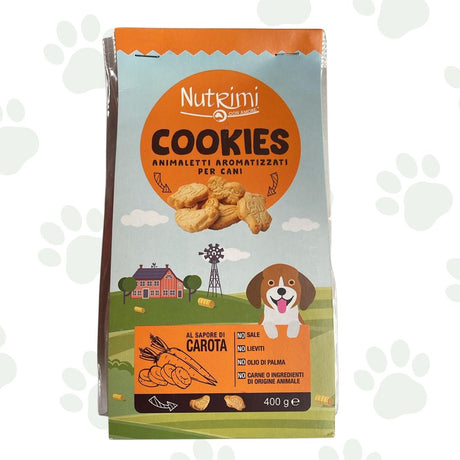 Confezione da 400 g di biscotti per cani Nutrimi alla carota.