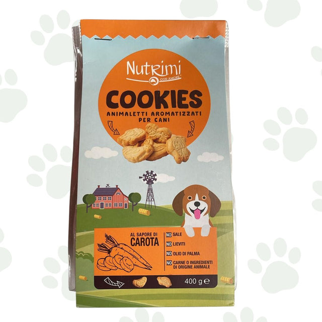 Confezione da 400 g di biscotti per cani Nutrimi alla carota.