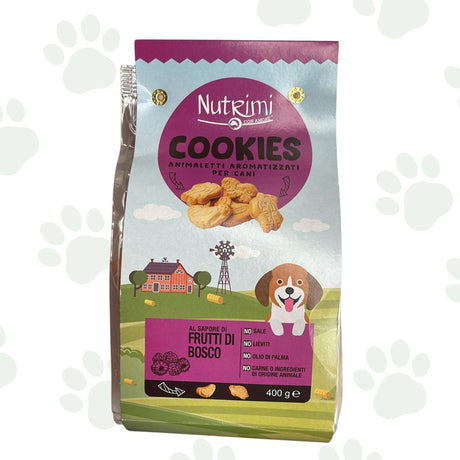 Confezione da 400 g di biscotti per cani Nutrimi al sapore di frutti di bosco.