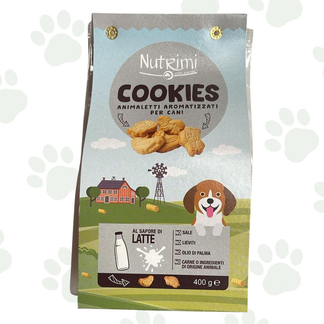 Confezione da 400 g di biscotti per cani Nutrimi al latte.