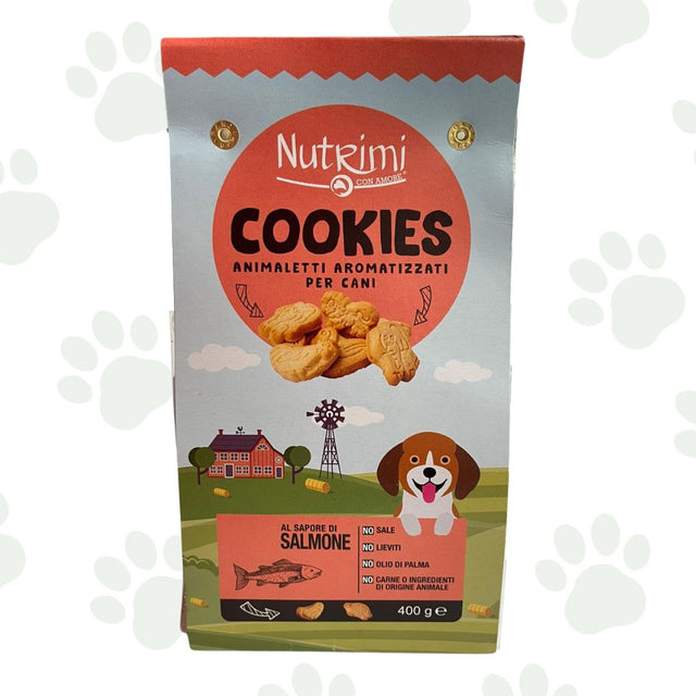 Confezione da 400 g di biscotti per cani Nutrimi al salmone.