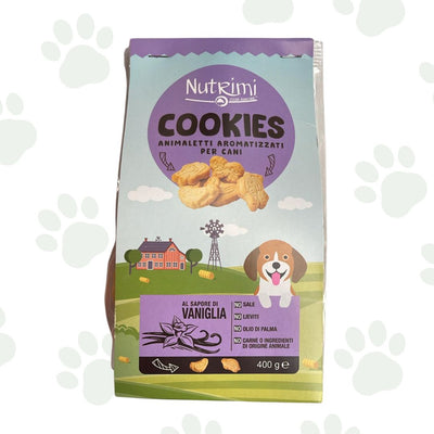 Confezione da 400 g di biscotti per cani Nutrimi al sapore di vaniglia.