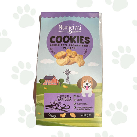Confezione da 400 g di biscotti per cani Nutrimi al sapore di vaniglia.